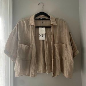 Tan Linen Crop Button-Down